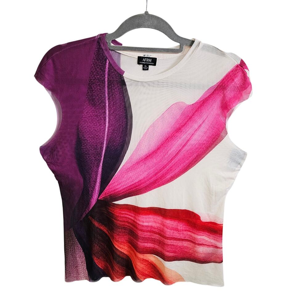 AFRM Nina Printed Mesh Cap Sleeve Tee Top Pink Abstract Floral Size XL